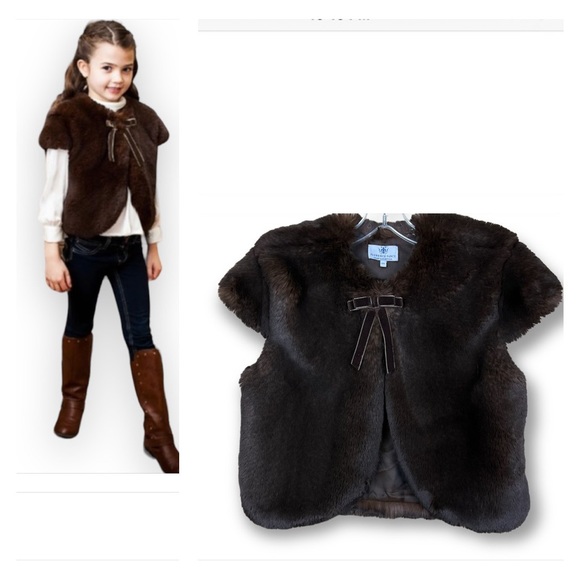 FLORENCE FANCY Brown Vegan Fur Katherine Jacket Vest Made In Portugal Size 14Y. - Picture 3 of 10